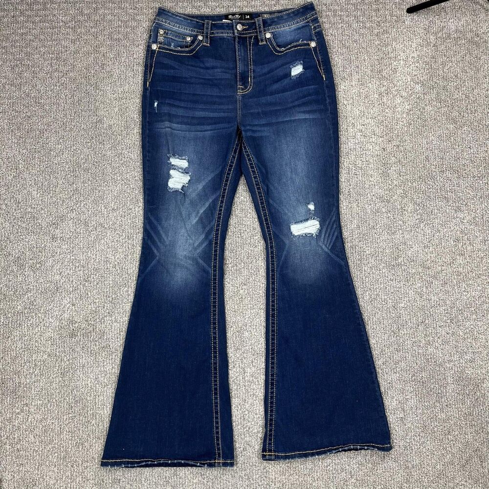 Miss Me Jeans Womens 34 Blue High Rise Flare Distressed Destroyed Stretch Denim